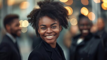 Portrait of beautiful black businesswoman wearing suit and tie smiling in urban background. Woman with afro hairstyle. - obrazy, fototapety, plakaty