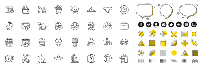 Set of Baggage, T-shirt and Shopping cart line icons for web app. Design elements, Social media icons. Online shopping, Lingerie, Wallet icons. Marketplace, Clothing, Wallet money signs. Vector - obrazy, fototapety, plakaty