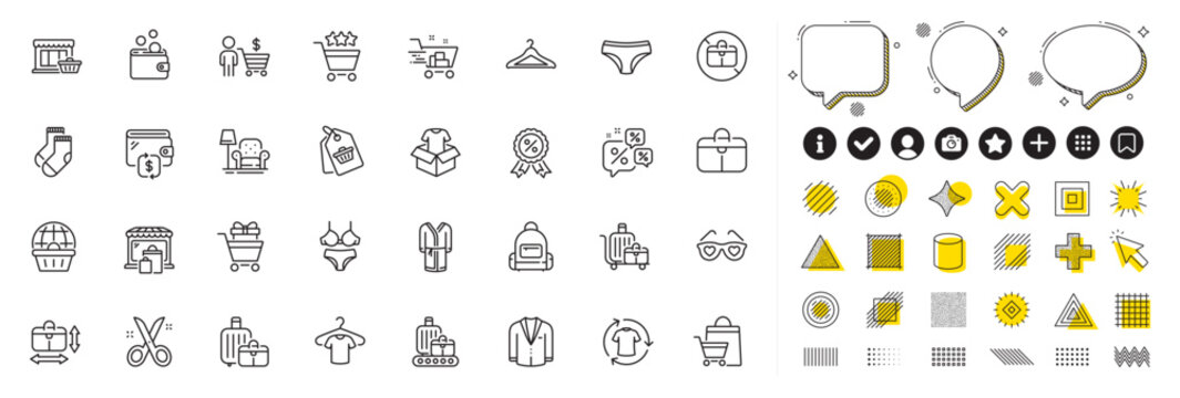 Set of Baggage, T-shirt and Shopping cart line icons for web app. Design elements, Social media icons. Online shopping, Lingerie, Wallet icons. Marketplace, Clothing, Wallet money signs. Vector