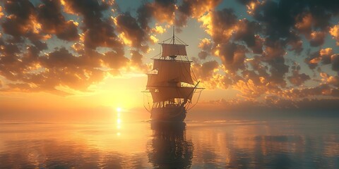 A High-Seas Animated Scene with a Pirate Ship. Concept Animation, Pirate Ship, High-Seas, Adventure, Treasure Hunt - obrazy, fototapety, plakaty