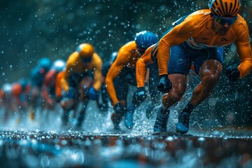 Cyclists Racing in Rain at High Speed