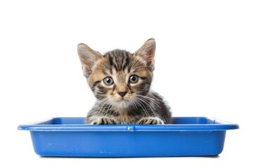 a little kitten sitting on the litter box isolated on solid white background