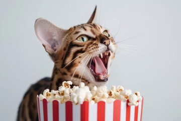 Happy bengal cat with popcorn in red and white striped cardboard bucket isolated