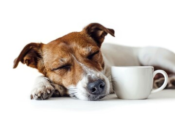 sleepy dog drinks coffee in the morning isolated on a white background