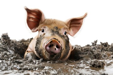 surprised dirty pig with bulging big eyes wallow in the mud isolated on solid white background