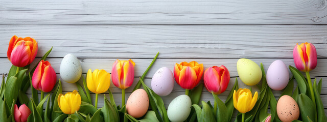 Coloured eggs and coloured tulips on light grey wooden background. Easter style decoration banner. Holiday celebration greeting card. Copy space. Generative AI