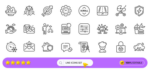 Baby carriage, Filter and Recovery ssd line icons for web app. Pack of Password encryption, Freezing timer, Lgbt pictogram icons. Divider document, Time management, Cooking chef signs. Vector