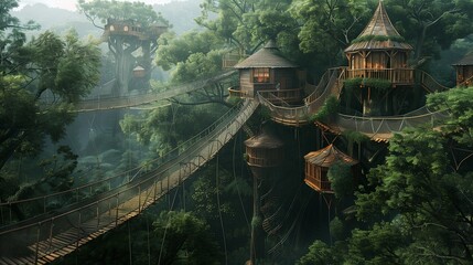 A treehouse community in a lush forest, connected by suspension bridges. - obrazy, fototapety, plakaty