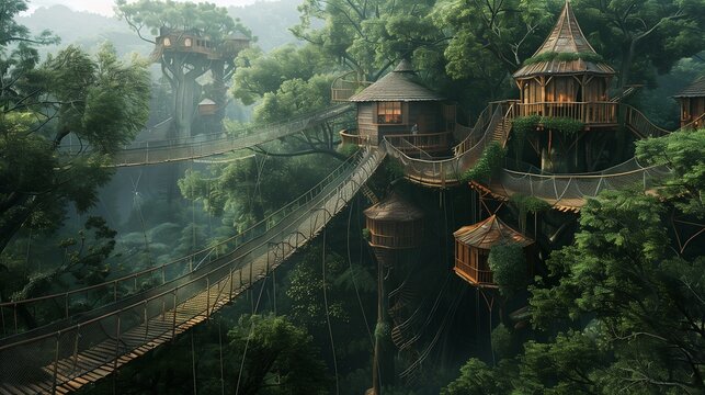 A treehouse community in a lush forest, connected by suspension bridges.