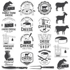 Cheese family farm badge design. Template for logo, branding design with block cheese, sheep lacaune on the grass, fork, knife for cheese, cow, cheese press. Vector illustration. Hand crafted product - 760897638