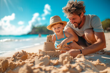 Father and daughter play together in the sand on the seashore, build a sand castle on the beach. Concept of parenthood and childhood, summer vacation