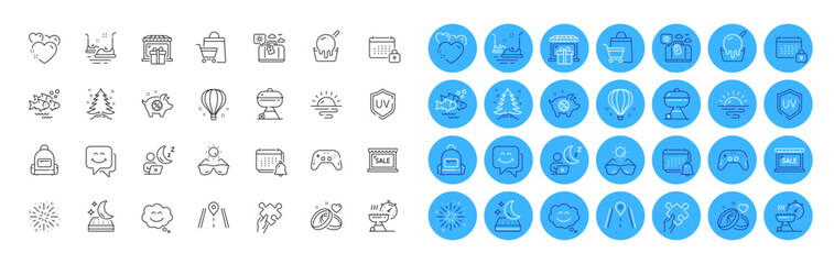 Air balloon, Calendar and Christmas tree line icons pack. Sale, Fish school, Fireworks explosion web icon. Piggy sale, Shift, Puzzle pictogram. Ice cream, Heart, Bumper cars. Vector