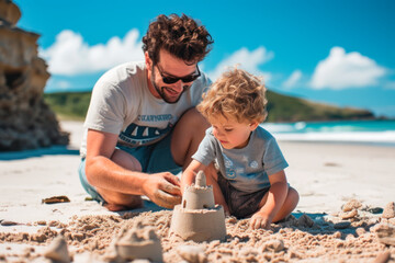 Father and son play together in the sand on the seashore, build a sand castle on the beach. Concept of parenthood and childhood, summer vacation