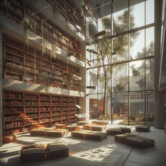 An avant-garde library with floating bookshelves, reading pods, and natural light filtering through.