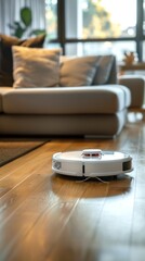 White Automated robot vacuum cleaner cleaning hardwood floor in a cozy home. Intelligent cleaning device at work. Concept of domestic robotics, cleanliness, and hands-free operation. Vertical format