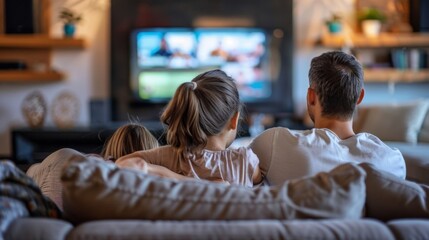 Back view of a relaxed family sitting on the sofa watching TV in the living room, enjoying a cozy movie night.