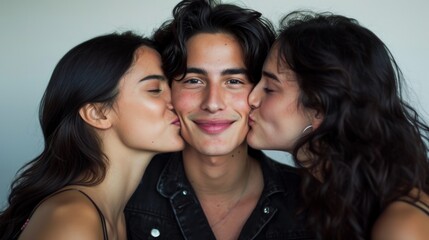 Two brunette women kissing brunette man on the cheeks. Concept of love, affection, romantic relationships, love triangle, intimate moments, emotional intimacy.