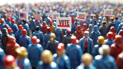 Miniature colorful figures with VOTE signs in a crowd. Tiny individuals in a crowd holding voting placards. Concept of elections, civic duty, collective action, and the power of the vote. - obrazy, fototapety, plakaty