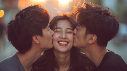Two Asian men kissing Asian woman on the cheek outdoors. Concept of affection, friendship, love triangle, and happy relationships. - obrazy, fototapety, plakaty