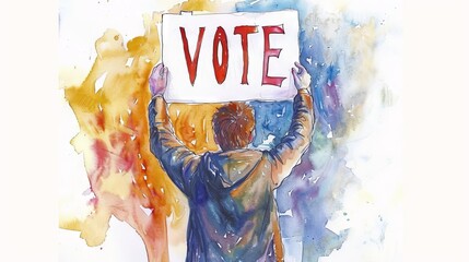 Rear view of person holding up a VOTE sign, set against a vibrant watercolor splash background. Male voter. Empowering election and voting participation theme for campaign promotions. Art