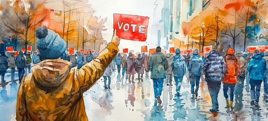 Back view of a woman with a raised VOTE sign amidst a crowd on a city street, watercolor illustration. Encouraging voter turnout and community action concept for election campaigns. - obrazy, fototapety, plakaty