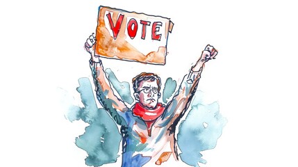 Caucasian Man holding a VOTE sign, watercolor illustration. Asian Male voter. Civic engagement and diversity in democracy concept for election related visuals and voter outreach campaigns. Aquarelle
