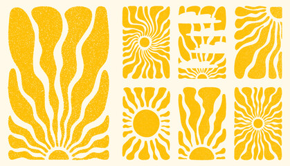 Sun groovy vertical backgrounds set. Various sun burst hippie posters with vintage grainy texture, hand drawn abstract wavy patterns in 60s, 70s. Modern retro Matisse style vector illustration