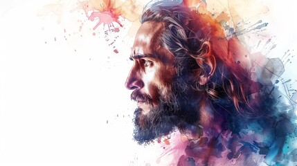 Watercolor illustration of Jesus Christ. A man with a beard. White background. Savior. Concept of faith, spirituality, Easter, divinity, Christian beliefs, resurrection, religious. Banner. Copy space
