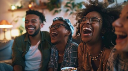 A close group of friends share a candid moment of laughter and joy in a cozy home setting, enjoying each other's company. - obrazy, fototapety, plakaty