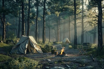 tent in the forest camp Generative AI - obrazy, fototapety, plakaty