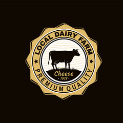 Local dairy farm badge design. Template for logo, branding design with cow on the grass. Vector illustration. Hand crafted product cheese - 760898617