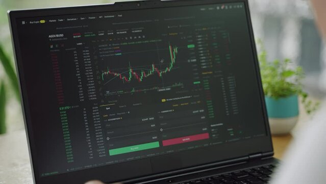 Focused investor analyzes market charts on laptop. Day trader reviews real-time stocks gains, losses in modern office. Profit, trade analysis on screen. Slow motion.