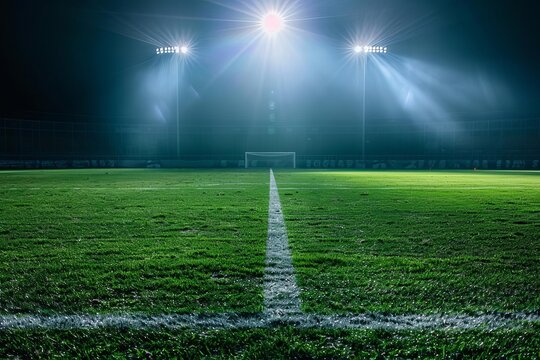 Stadium spotlight shining down on an empty football field at night Creating a dramatic and anticipation-filled atmosphere for sporting events.