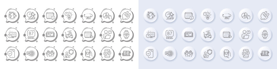 Time management, Education and Auction hammer line icons. White pin 3d buttons, chat bubbles icons. Pack of Pie chart, 24h service, Copywriting notebook icon. Vector