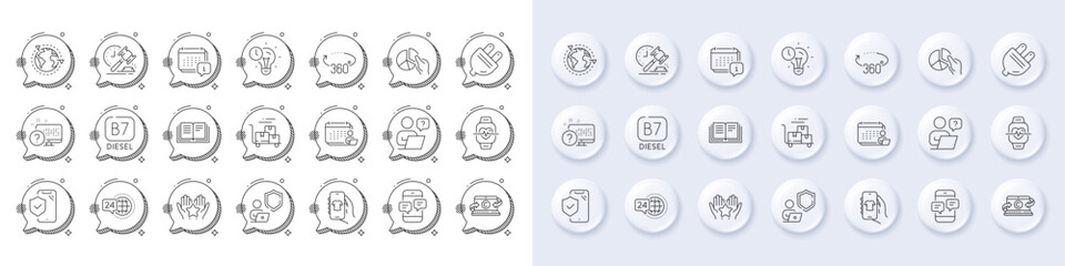 Time management, Education and Auction hammer line icons. White pin 3d buttons, chat bubbles icons. Pack of Pie chart, 24h service, Copywriting notebook icon. Vector