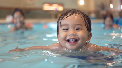 Fototapeta na wymiar Joyful toddler learning to swim with a cheerful smile in an indoor pool, creating a heartwarming family moment.