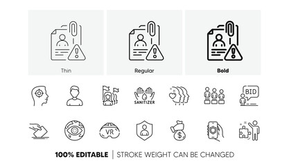 Bribe, Feminism and Auction line icons. Pack of Friends couple, Search employee, Security app icon. Vr, Strategy, Security pictogram. Cyber attack, Hand sanitizer, Equality. Headshot. Vector