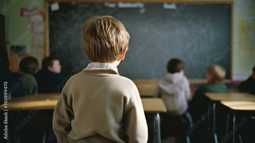 Poster a child standing in front of a blackboard. generative ai.