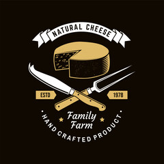 Natural cheese badge design. Template for logo, branding design with block cheese and fork, knife for cheese. Vector illustration. - 760899490