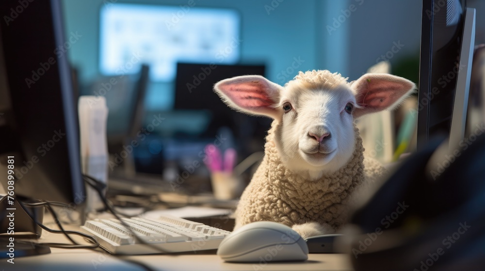 Poster a sheep sitting in front of a computer monitor. generative ai.