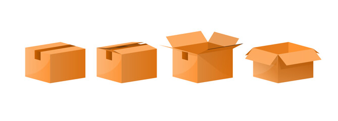 Carton Delivery Packaging. Cardboard box mockup in different of vision. Open and closed box. Vector illustration.