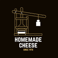 Homemade cheese badge design. Template for logo, branding design with cheese molds and press. Vector illustration. Hand crafted product cheese - 760900447