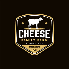 Cheese family farm badge design. Template for logo, branding design with sheep lacaune on the grass. Vector illustration. Hand crafted product cheese - 760900672