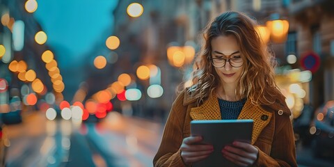 Female professional using digital tablet on urban street focusing on financial data . Concept Female Professional, Digital Tablet, Urban Street, Financial Data, Technology
