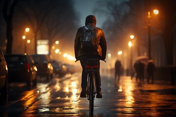Cyclist in the rain on the street in the evening.