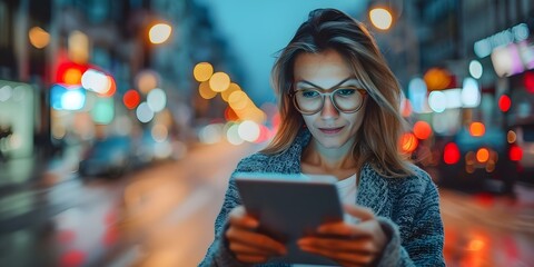 Woman working on digital tablet in city with focus on financial data. Concept Woman, Digital Tablet, City, Financial Data, Technology