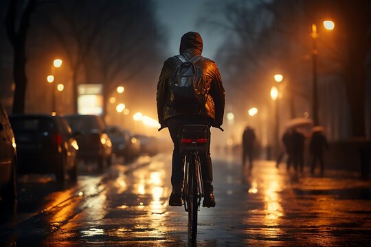Fototapeta Cyclist in the rain on the street in the evening.