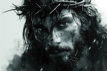 illustration of Jesus Christ with a crown of thorns with a sad face