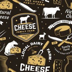 Cheese family farm seamless pattern or background. Fabric, textile, wallaper with block cheese, sheep lacaune on the grass, fork, knife for cheese, cow, cheese press. Vector. - 760901632