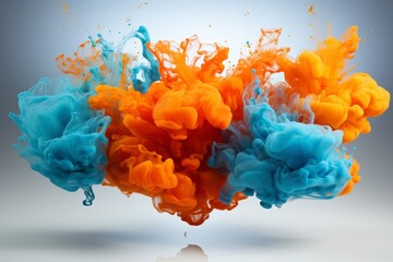 3d volumetric blue orange paint explosion in air or liquid water png isolated object - obrazy, fototapety, plakaty